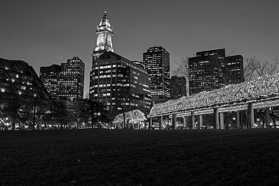 Boston Christopher Columbus Park Trellis lit up for Christmas Boston MA Black and White Photograph by Toby McGuire