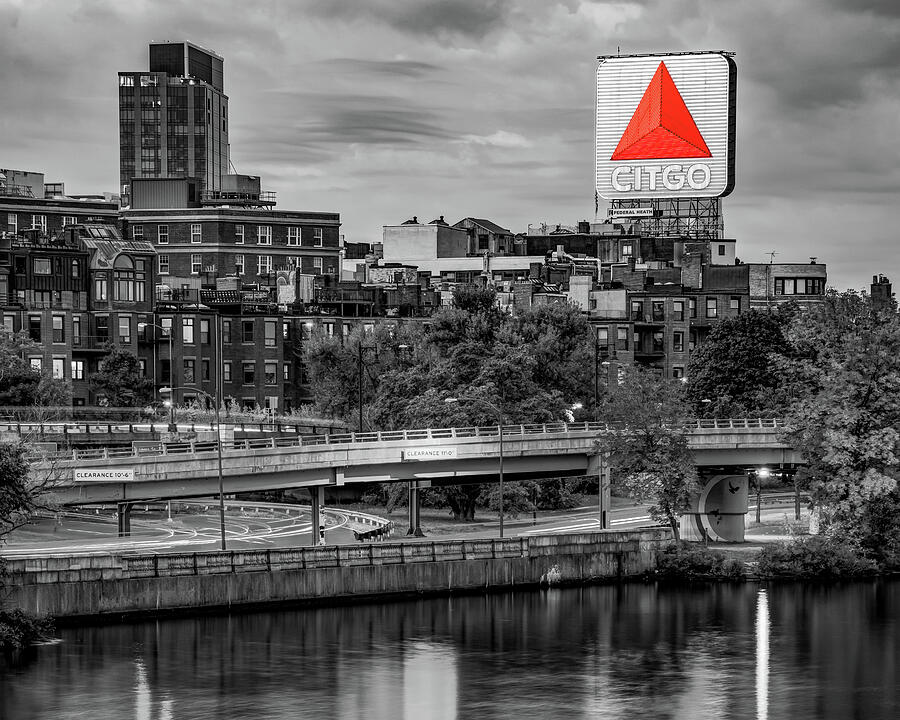 Boston's Citgo Sign Over The Charles River Panorama In Black and