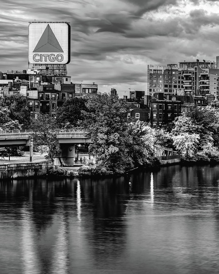 Boston Citgo Sign Over Kenmore Square and Charles River - Black and White Photograph by Gregory Ballos