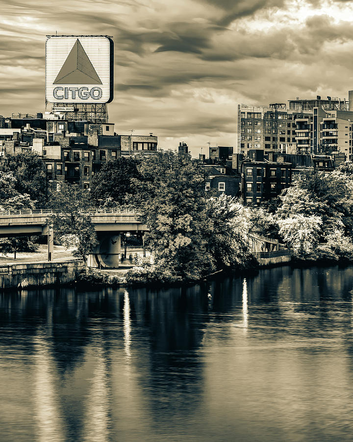 Boston Citgo Sign Over Kenmore Square And Charles River - Sepia Edition Photograph