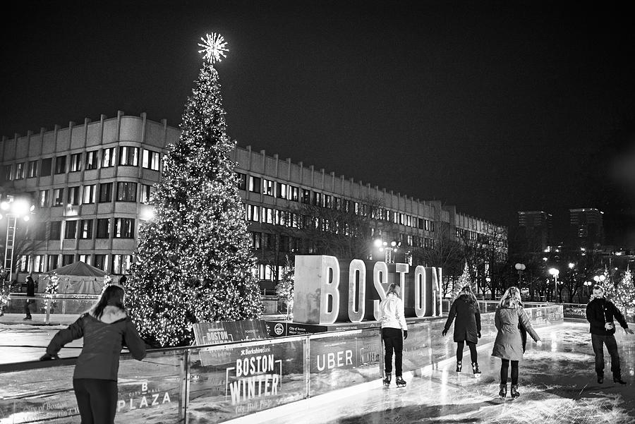 Boston City Hall Ice Skating Boston Massachusetts Black and White Photograph by Toby McGuire