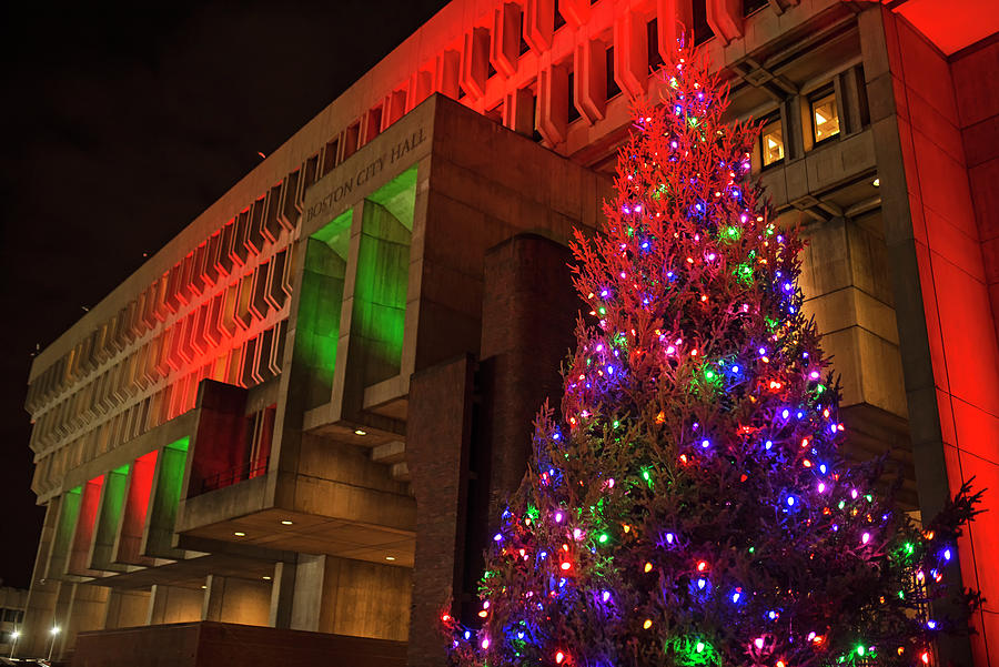 Boston City Hall Plaza Christmas Tree City Hall lit up in Green and Red Photograph by Toby McGuire