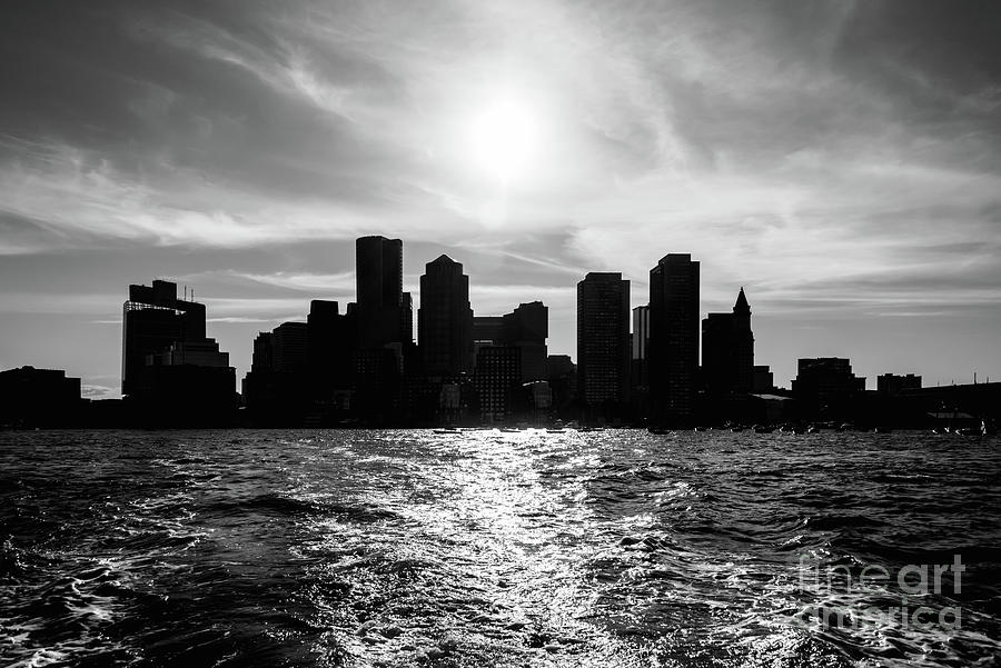 Boston City Skyline at Sunset Black and White Photograph by Paul Velgos