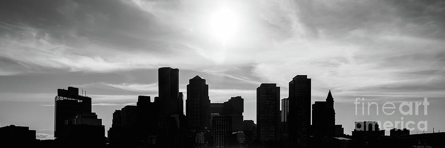 Boston City Skyline Sunset Black and White Panoramic Photograph by Paul Velgos