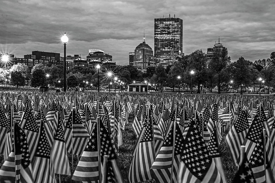 Boston Common Memorial Day Flags Dramatic Sky Boston MA Night Black and White Photograph by Toby McGuire
