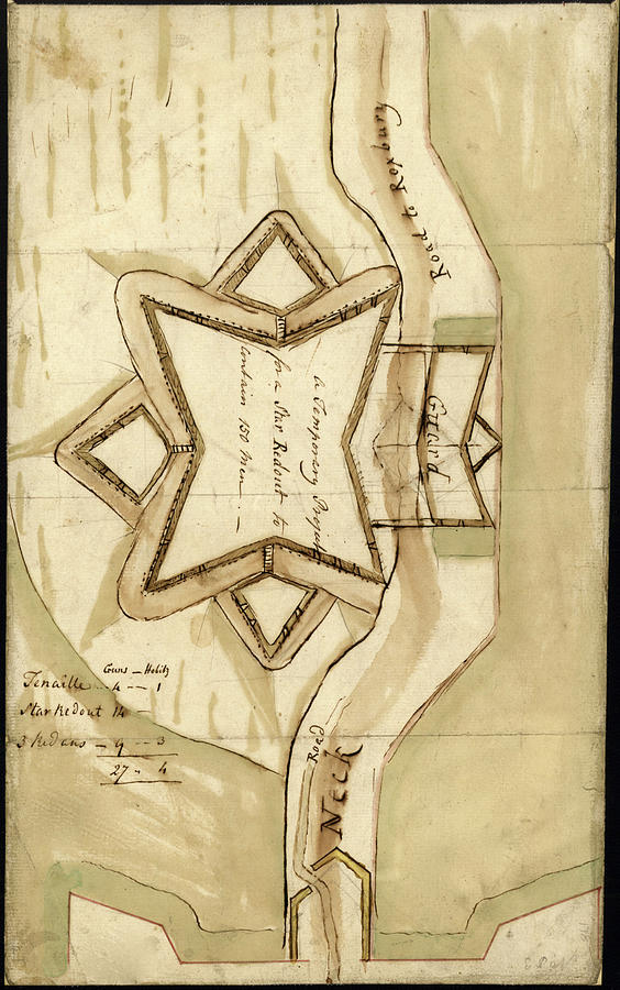 Map Drawing - Boston Defenses Star Redoubt 1779 by Vintage Military Maps