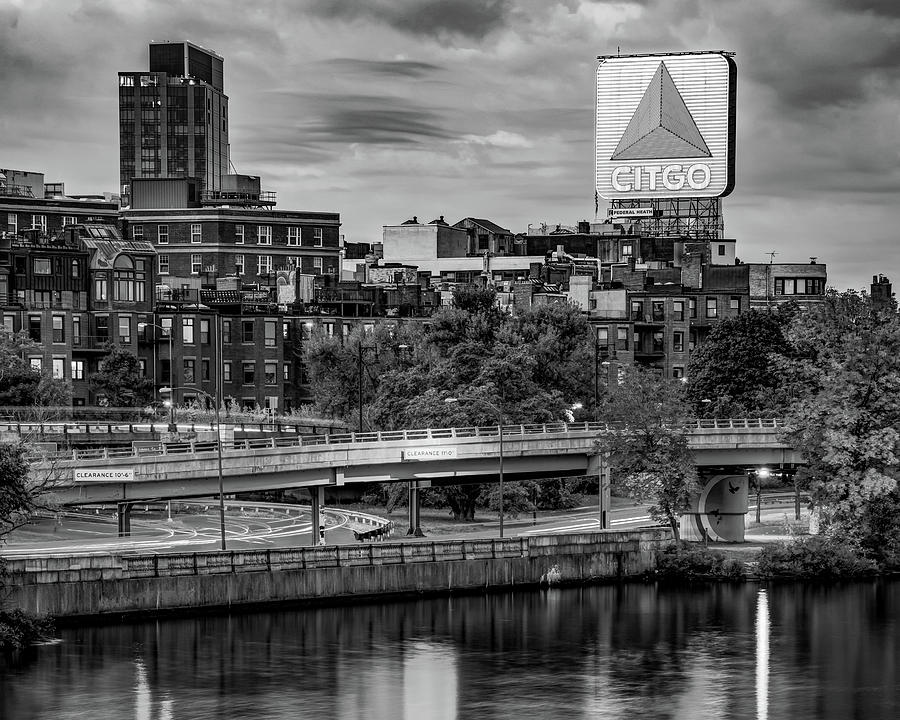 Boston Fenway Citgo Sign Along The Charles River - Black and White Photograph by Gregory Ballos