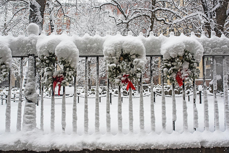 Boston Granary Burying Ground Fence with Wreaths Covered in Snow Photograph by Toby McGuire