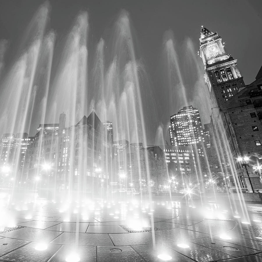 Boston Greenway Fountain Boston MA Custom House Black and White Square Version Photograph by Toby McGuire