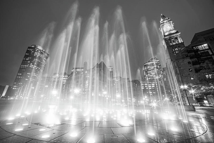 Boston Greenway Fountain Boston MA Custom House Black and White Photograph by Toby McGuire