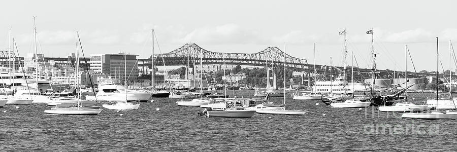Boston Harbor Boats and Tobin Bridge Black and White Panorama Ph Photograph by Paul Velgos
