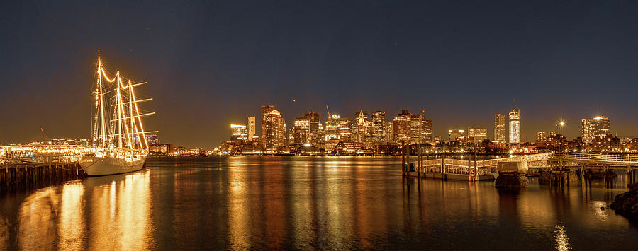 Boston Harbor City Lights and Tall Ship Pano 2 Photograph by Lindsay Thomson