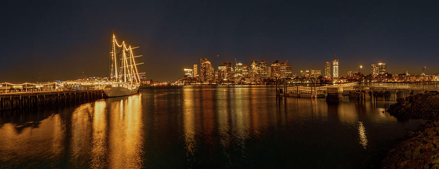 Boston Harbor City Lights and Tall Ship Pano Photograph by Lindsay Thomson