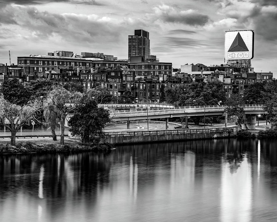 Boston Kenmore Square Skyline And Iconic Citgo Sign - Black and White Photograph by Gregory Ballos