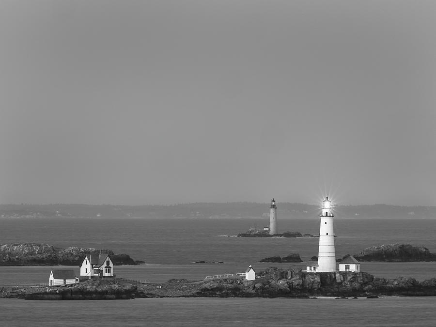 Boston Light and Graves Light Black and White Photograph by Juergen Roth