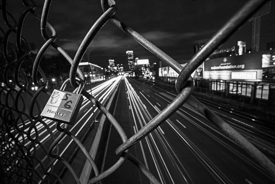 Boston Love Lock overlooking the Mass Pike BU Boston MA Black and White Photograph by Toby McGuire