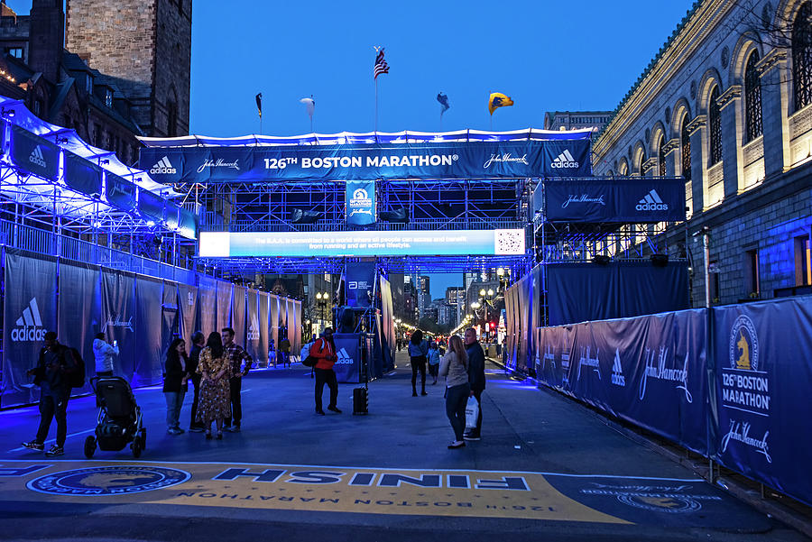 Boston MA 126th Marathon Finish Line lit up in Blue Boston Public Library Photograph by Toby McGuire