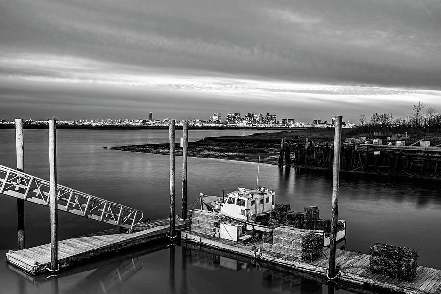Boston MA Belle Isle Boat Pier and Skyline Logan Airport Black and White Photograph by Toby McGuire