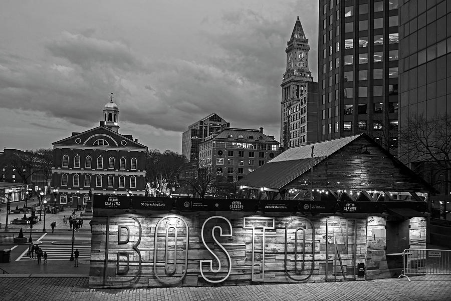 Boston MA Faneuil Hall City Hall Boston Sign at Sunset Black and White Photograph by Toby McGuire