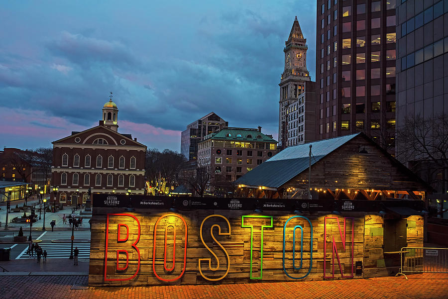 Boston MA Faneuil Hall City Hall Boston Sign at Sunset Photograph by Toby McGuire