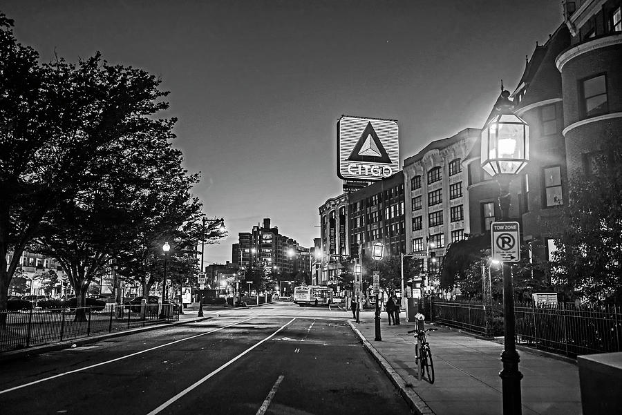 Boston MA Kenmore Square Commonwealth Ave Citgo Sign at Sunset Black and White Photograph by Toby McGuire