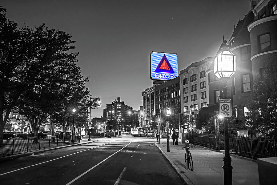Boston MA Kenmore Square Commonwealth Ave Citgo Sign at Sunset Selective Color Black and White Photograph by Toby McGuire