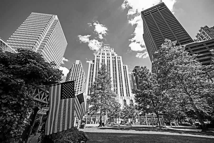 Boston MA Norman B. Leventhal Park American Flags Skyline Black and White Photograph by Toby McGuire
