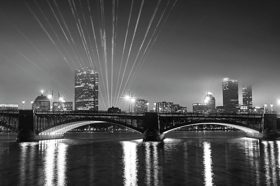 Boston Massachusetts 2022 New Years Eve Light Show Black and White Photograph by Toby McGuire