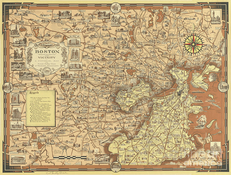 Boston, Massachusetts and vicinity, a pictorial map, 1938 Drawing by American School