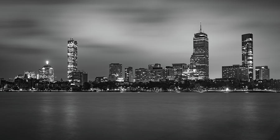 Boston Massachusetts Back Bay Skyline From Harvard Bridge Panorama - Black and White Photograph by Gregory Ballos