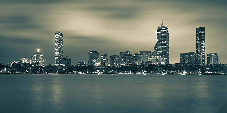 Boston Massachusetts Back Bay Skyline From Harvard Bridge Panorama - Sepia Photograph by Gregory Ballos
