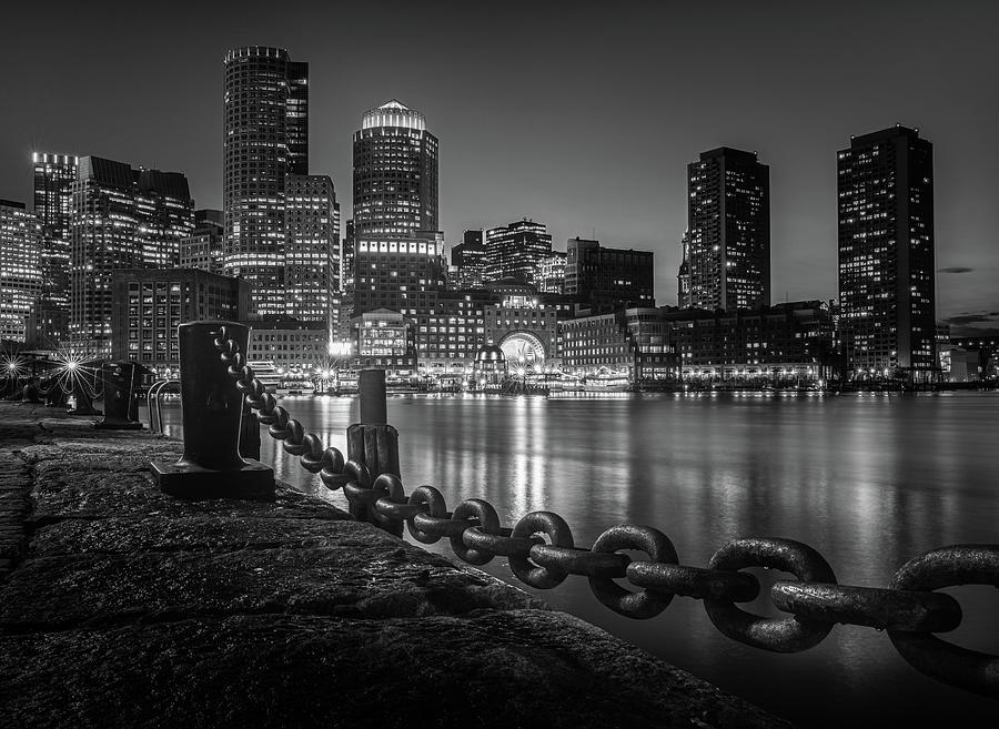 Boston Massachusetts Skyline Harborwalk Black And White Photograph by Jordan Hill