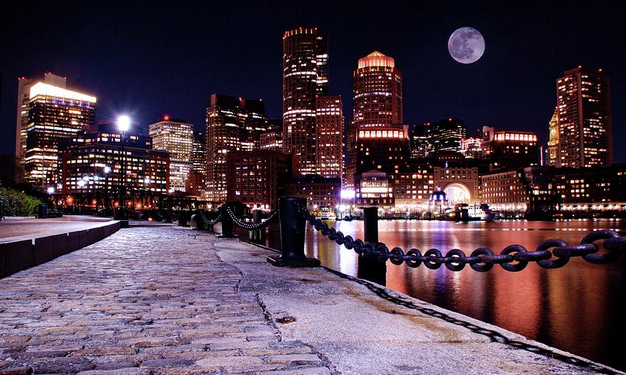 Boston Photograph - Boston Massachusetts with Full Moon by Frozen in Time Fine Art Photography