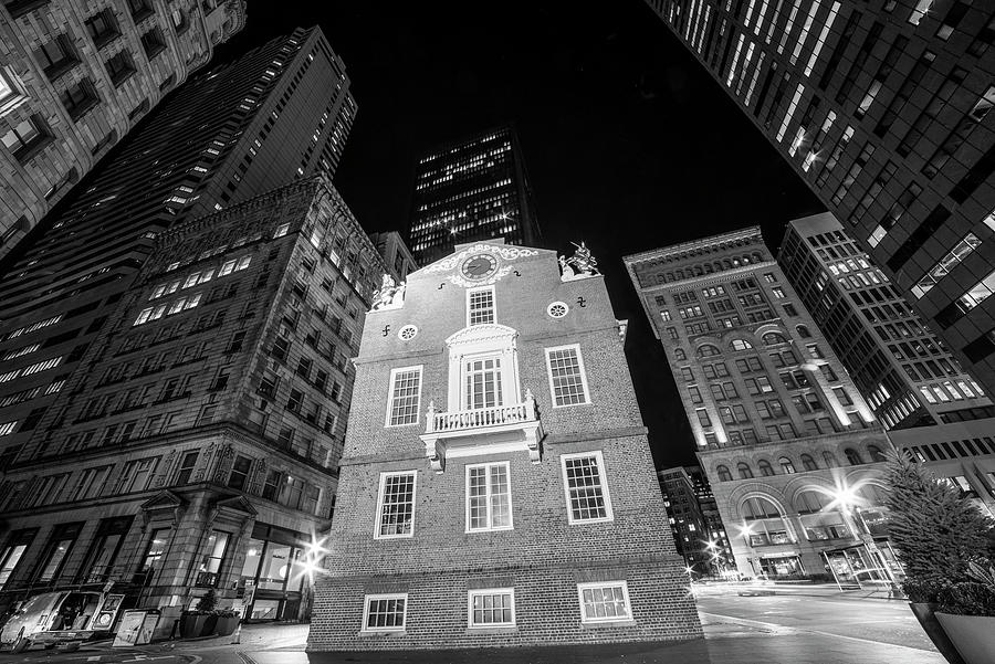 Boston Old State House Boston MA Street Lights Black and White Photograph by Toby McGuire
