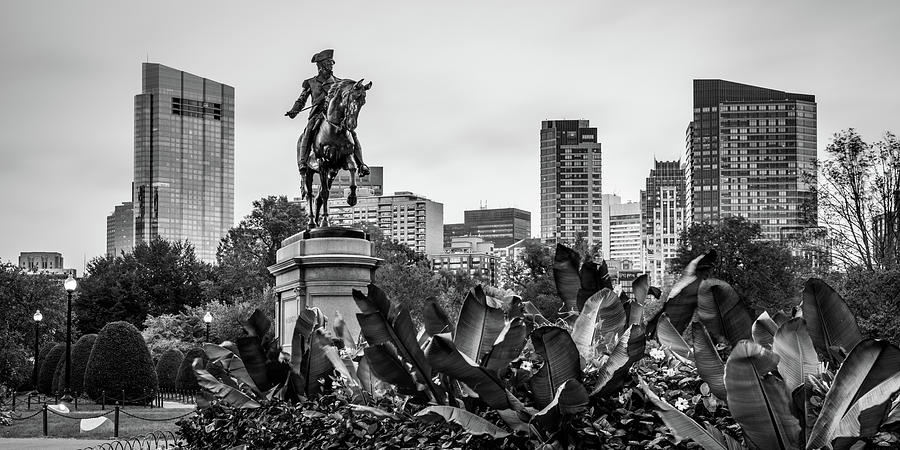 Boston Public Garden Panoramic Skyline And Washington Monument In Black And White Photograph
