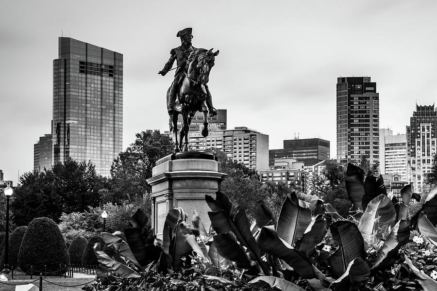 Boston Public Garden Skyline And Equestrian Washington Statue in Black and White Photograph by Gregory Ballos Boston Public Garden Skyline And Equestrian Washington Statue in Black and White Photograph by Gregory Ballos