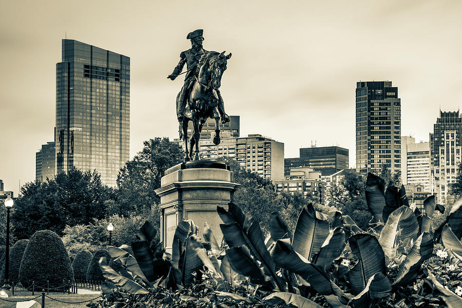 Boston Public Garden Skyline and Equestrian Washington Statue in Sepia Photograph by Gregory Ballos Boston Public Garden Skyline and Equestrian Washington Statue in Sepia Photograph by Gregory Ballos
