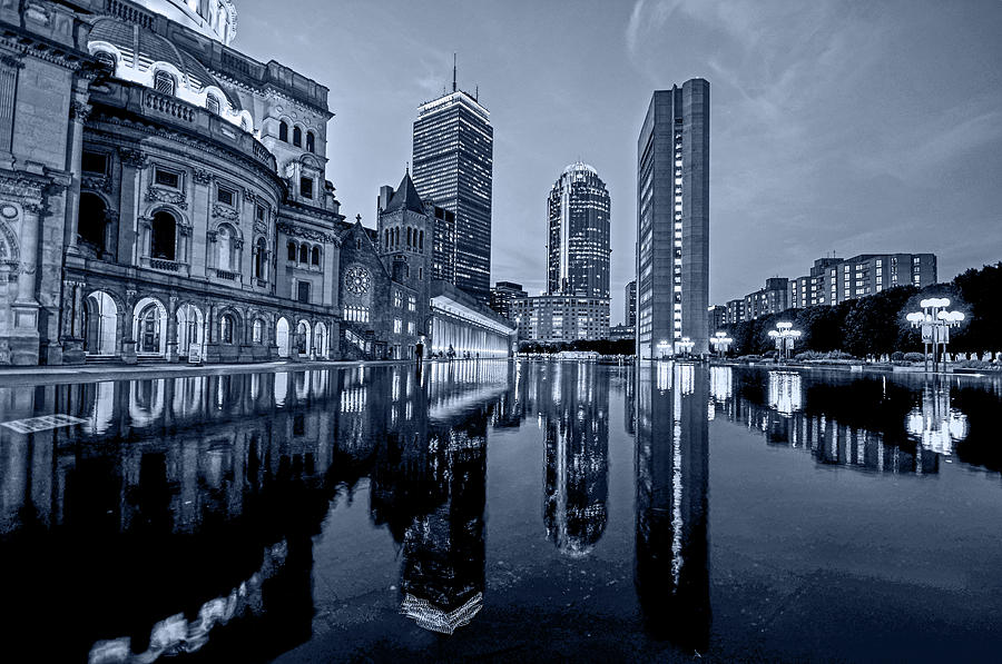 Boston Reflecting Pool Christian Science Church Monochrome Blue Nights Photograph by Toby McGuire