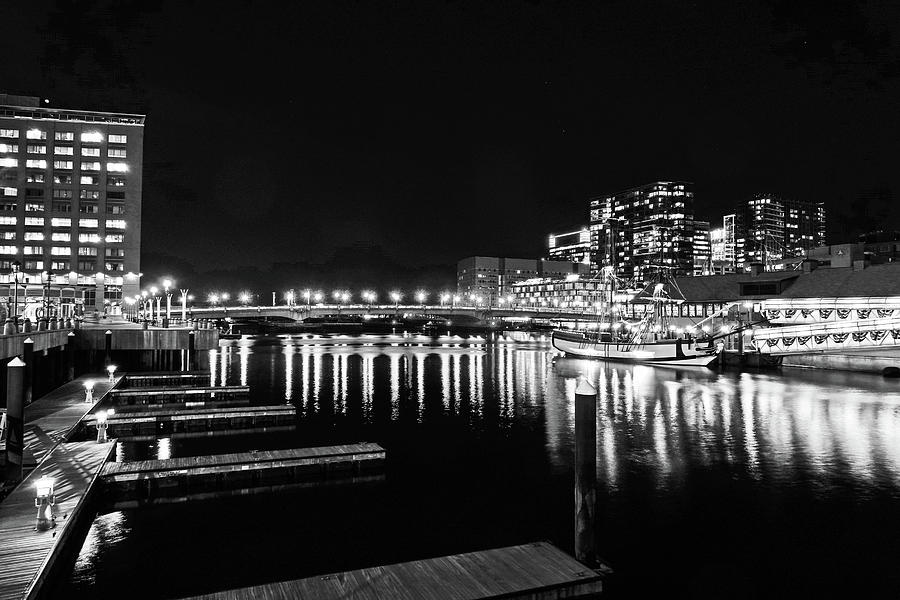 Boston Seaport at night Boston MA Reflection Boston Harbor Black and White Photograph by Toby McGuire