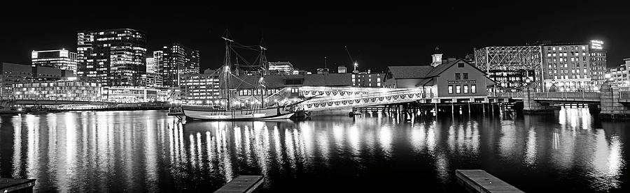 Boston Seaport Panorama at night Boston MA Reflection Boston Harbor Black and White Photograph by Toby McGuire