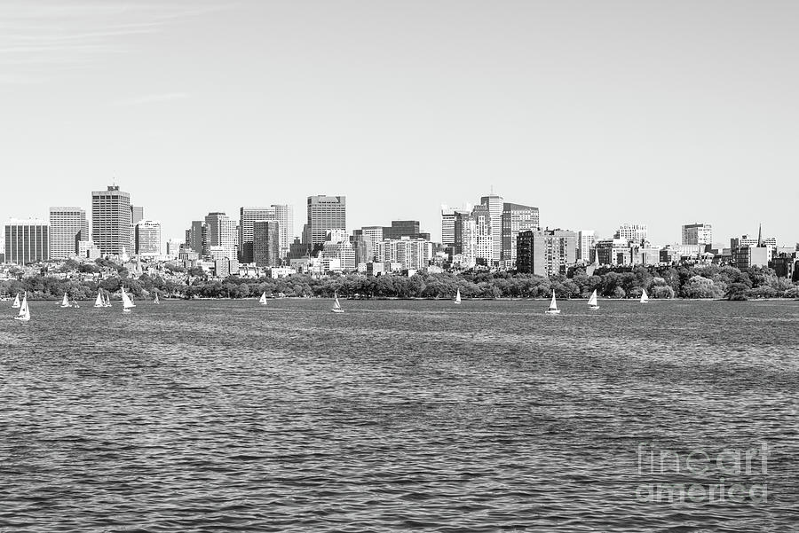 Boston Skyline and Charles River Sailboats Black and White Photo Photograph by Paul Velgos