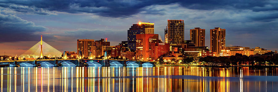 Boston Skyline and Famous Bridges at Dawn Over The Charles River Panorama Photograph by Gregory Ballos