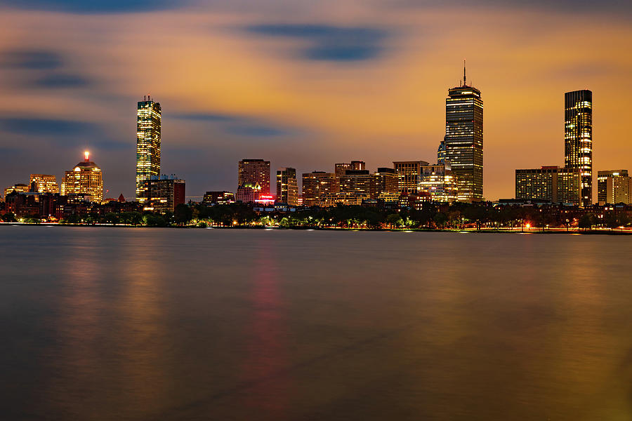 Boston Skyline and Orange Morning Skies Over the Charles River Photograph by Gregory Ballos