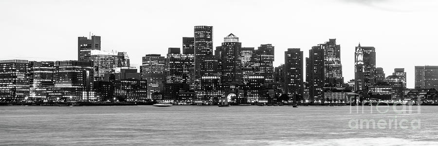 Boston Skyline at Dusk Black and White Panoramic Photograph by Paul Velgos