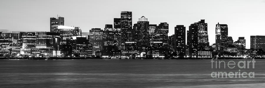 Boston Skyline at Night Black and White Panorama Photo Photograph by Paul Velgos