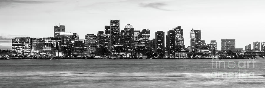 Boston Skyline at Night Black and White Panoramic Photograph by Paul Velgos