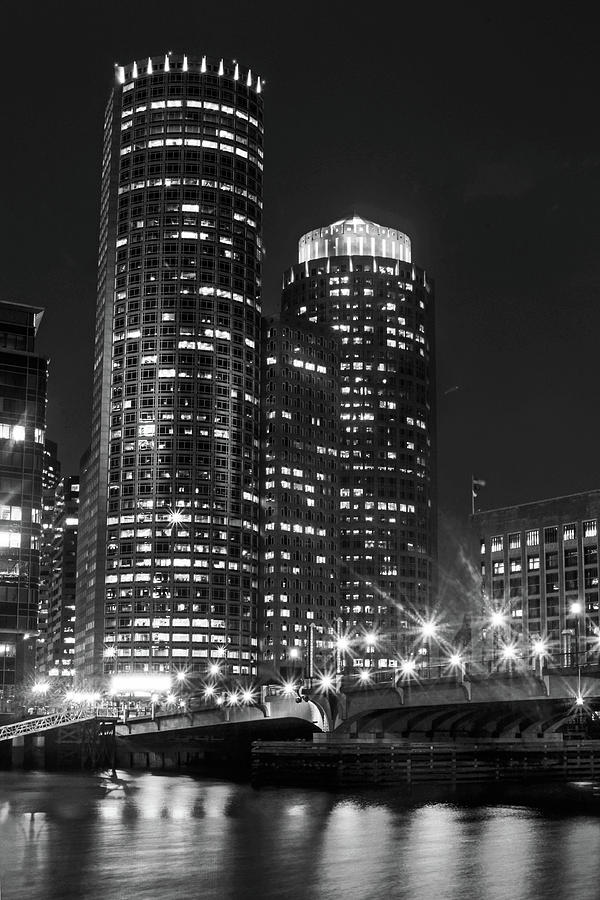 Boston Skyline at Night Black and White Photograph by Toby McGuire