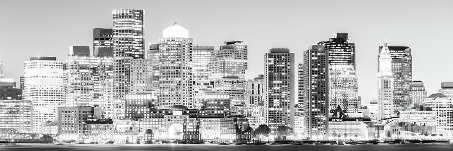 Boston Skyline Cityscape at Night Black and White Panorama Photograph by Paul Velgos