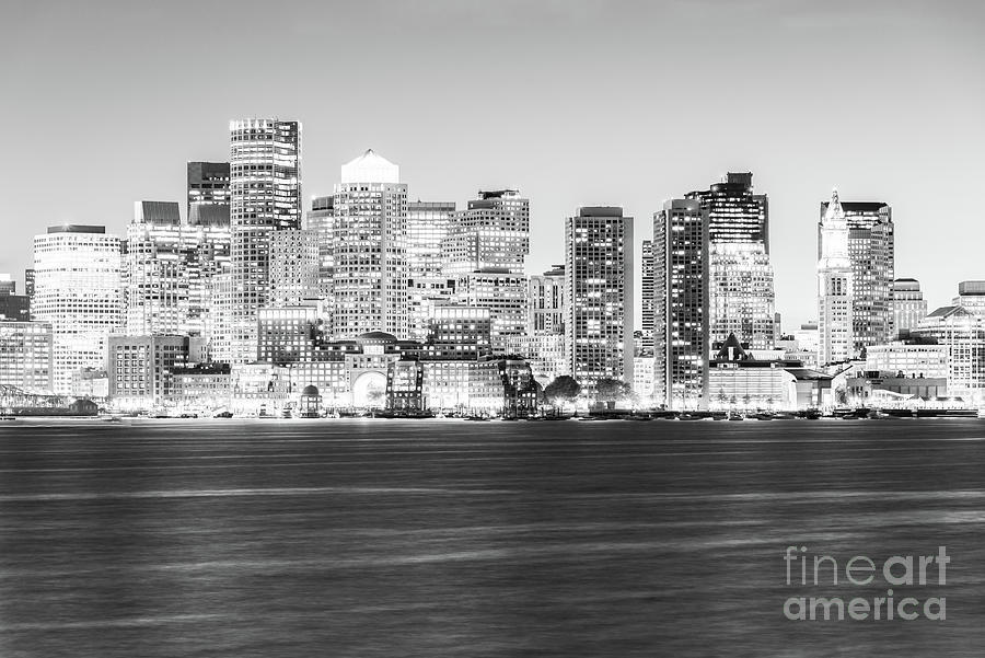 Boston Skyline Cityscape at Night Black and White Photograph by Paul Velgos