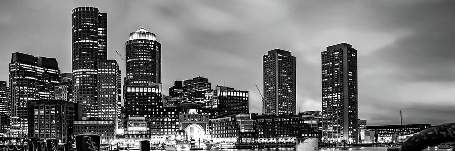 Boston Skyline Dusk Panorama In Black and White Photograph by Gregory Ballos